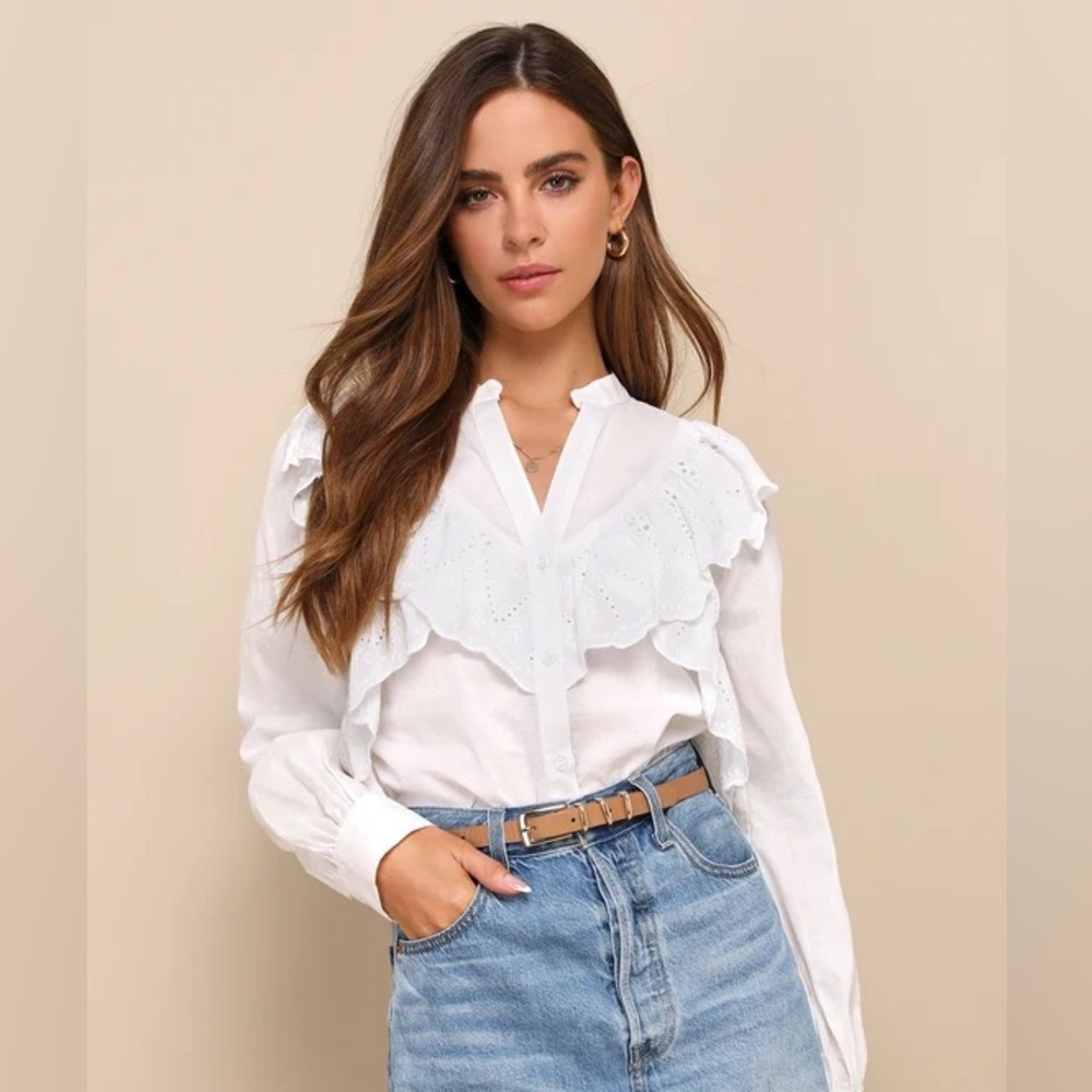 Lulu's Picnic Poise White Cotton Eyelet Embroidered ButtonUp Top Feminine Ruffle